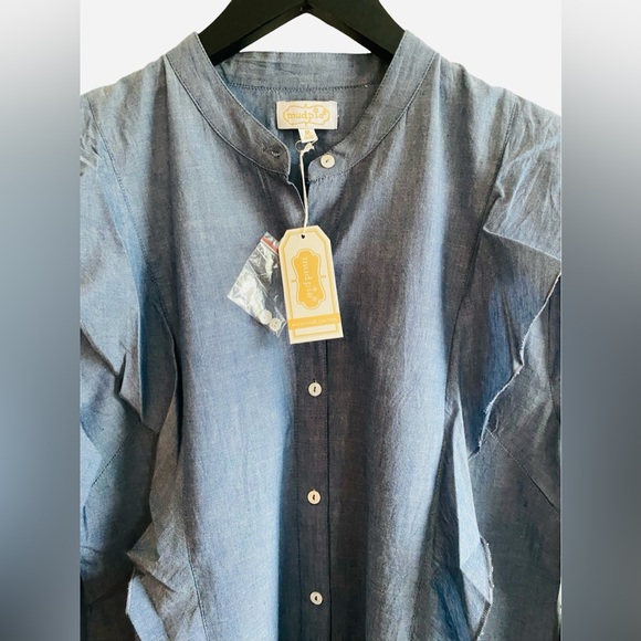 Mud Pie Chambray Blouse Medium Ruffle 100% Cotton Long Sleeve Lightweight Top - Picture 4 of 7